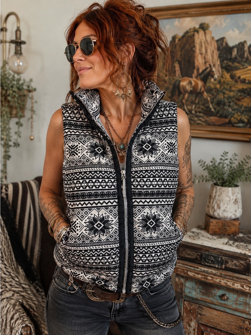 Lands End Puffer Vest Black & White Snowflake